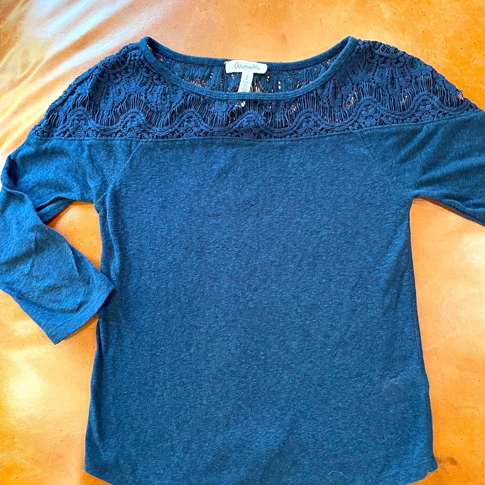AEROPOSTALE women’s size SM cotton blend shirt, navy, lace top & 3/4 sleeves